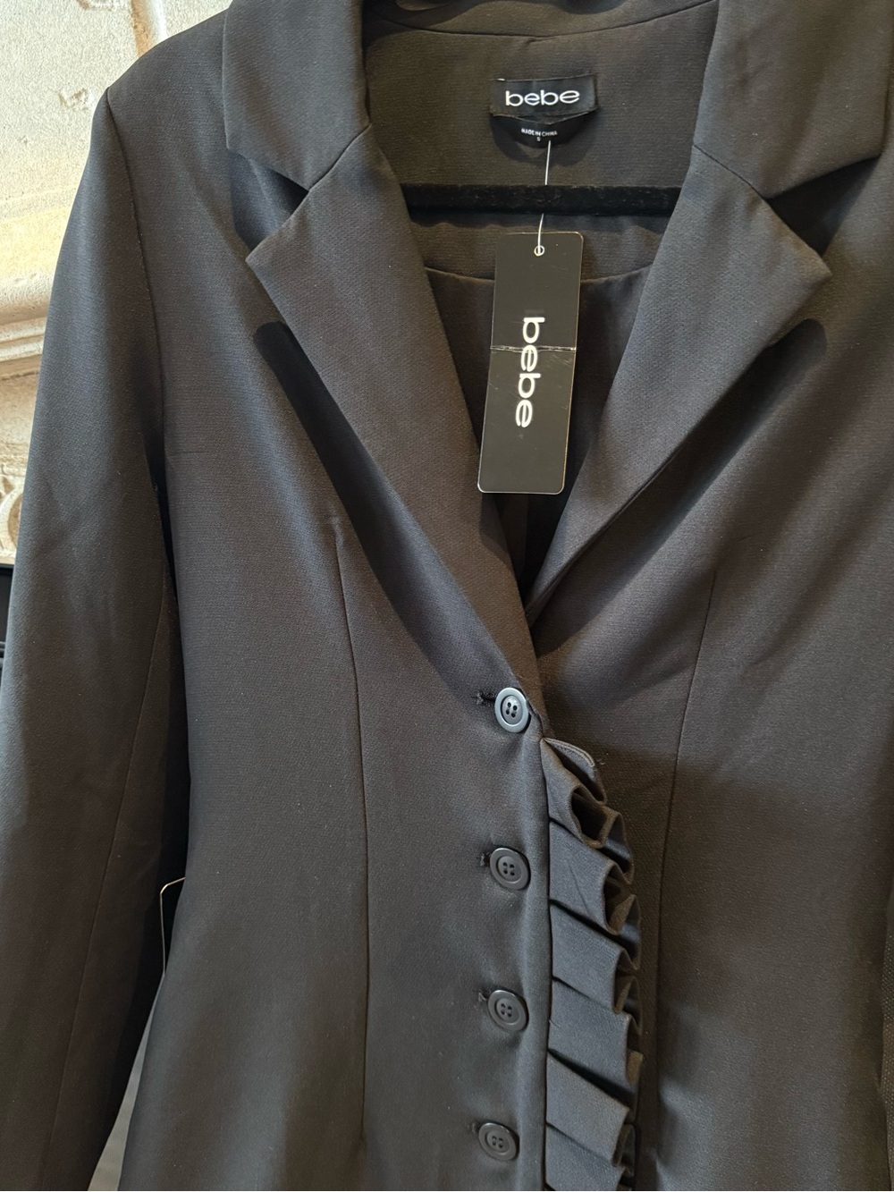 bebe Black Ruffle-Front Long Blazer - Picture 2 of 4